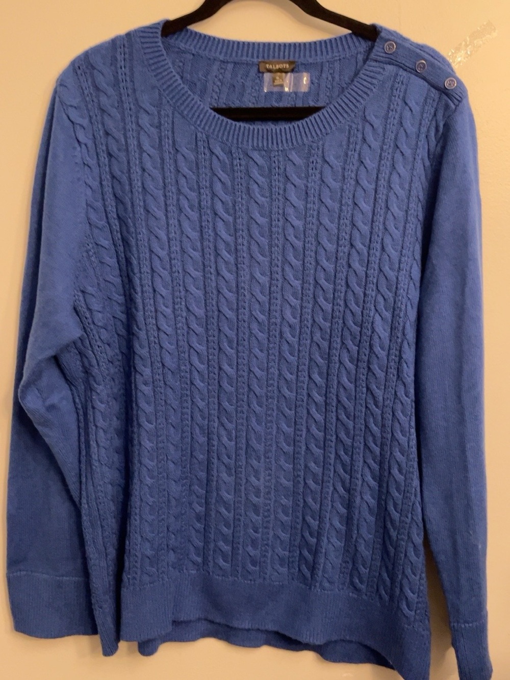Talbots Blue Cable-Knit Crewneck Sweater with Shoulder Buttons